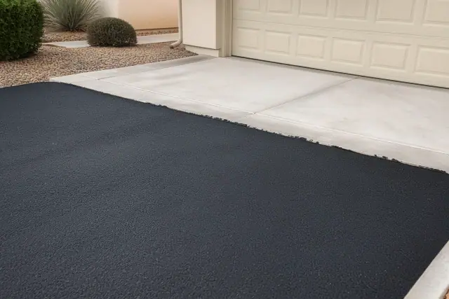 Newly resurfaced asphalt driveway connecting to a residential garage in Tempe, AZ, with desert landscaping in the background.