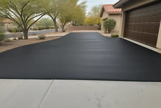 Newly sealcoated asphalt driveway meeting a concrete garage slab at a residential home in Tempe, AZ.