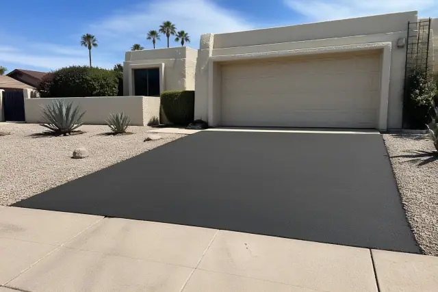 Newly resurfaced asphalt driveway meeting a garage slab at a residential home in Tempe, AZ.