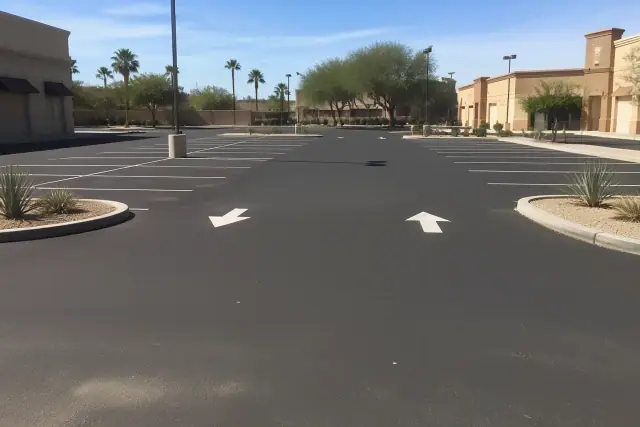 Newly paved asphalt parking lot with painted stall markers and desert landscaping in Tempe, AZ.