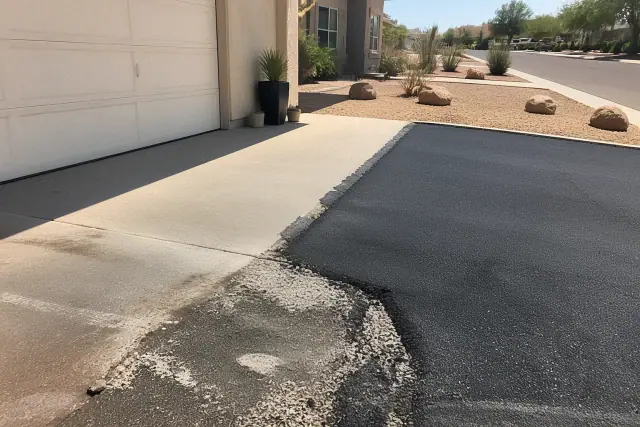Transition between a residential garage slab and a newly installed asphalt driveway in Tempe, AZ.