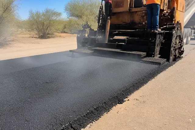 A heavy paver machine laying steaming hot asphalt on a job site in Tempe, AZ with desert scrub in the background.