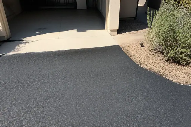 New asphalt driveway transition to a residential garage in Tempe, AZ.