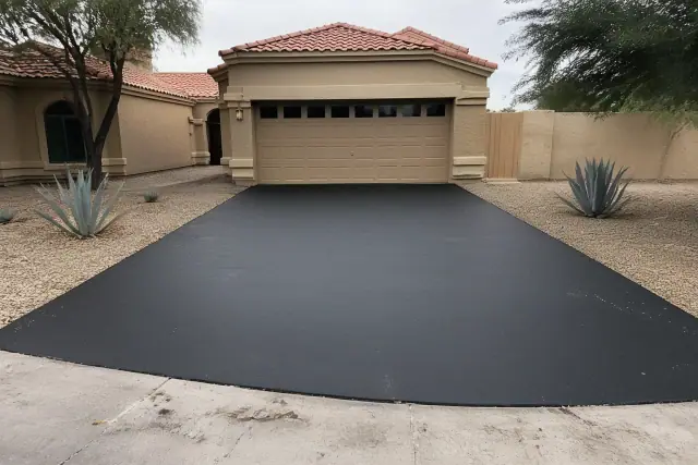 Newly repaired asphalt driveway connecting to a residential garage in Tempe, AZ.