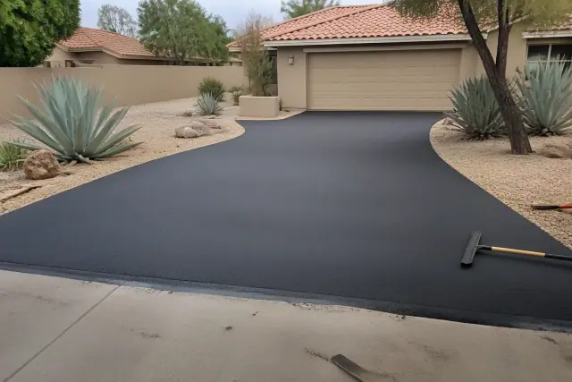 Freshly sealcoated asphalt driveway at a residential home in Tempe, AZ, with xeriscaping and stucco walls.