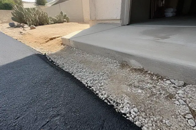 Slope, drainage, and aggregate base at a residential driveway transition in Tempe, AZ with prickly pear cactus.