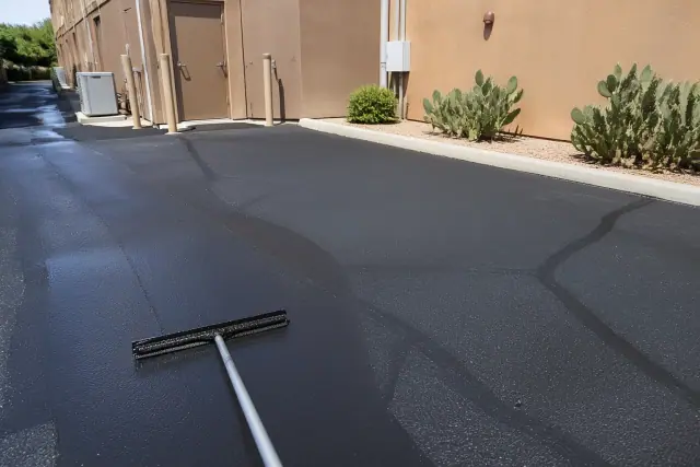 Asphalt sealcoating with filled cracks and smooth pavement at a commercial building in Tempe, AZ.