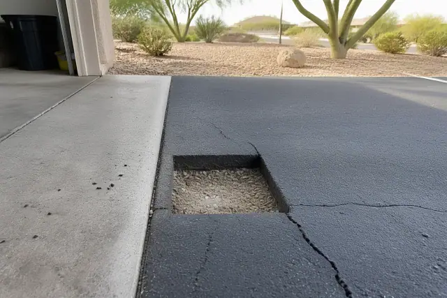 Close-up of cracked asphalt driveway surface exposing a stable aggregate base in Tempe, AZ.