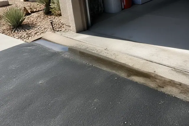 Standing water at the transition between a garage slab and new asphalt driveway in Tempe, AZ.