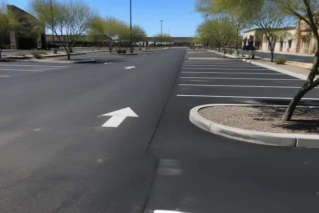 Newly paved parking lot with painted stall markers and directional arrows in Tempe, AZ.