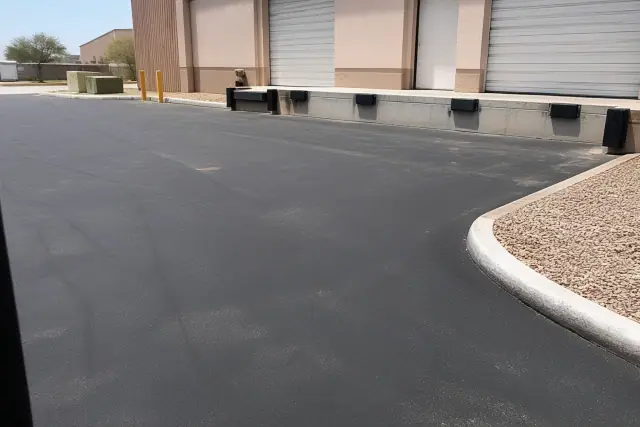 Newly paved asphalt loading dock at a commercial warehouse in Tempe, AZ, featuring stucco walls and desert gravel.