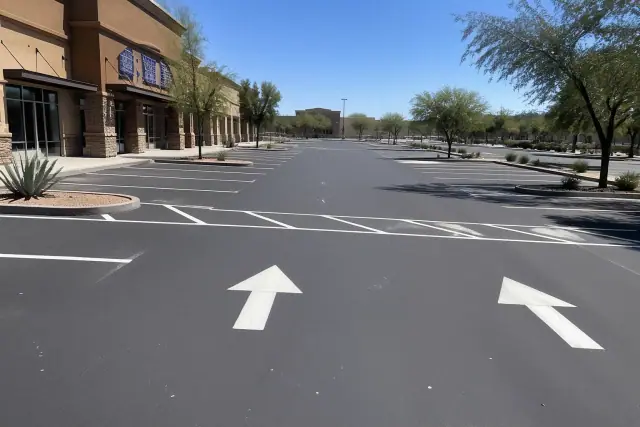 Newly painted parking lot lines and directional arrows at a retail center in Tempe, AZ.