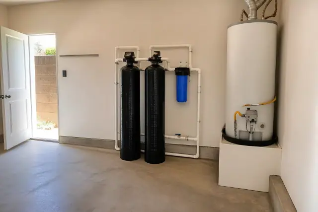 PFAS water filtration system with dual tanks and PVC piping installed in a residential garage in Tempe, AZ.