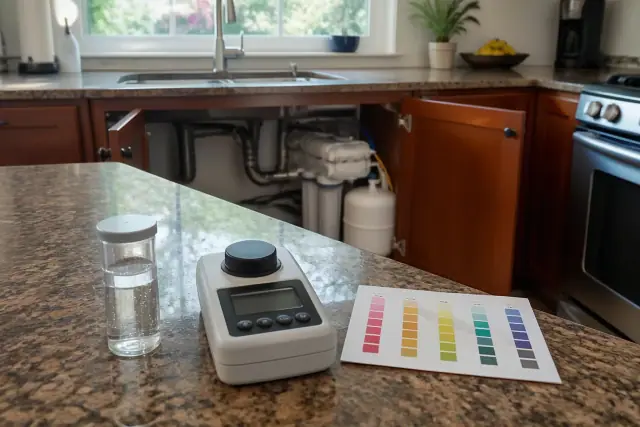 Water quality testing kit with vials and a digital colorimeter on a granite kitchen island in a Tempe, AZ home.