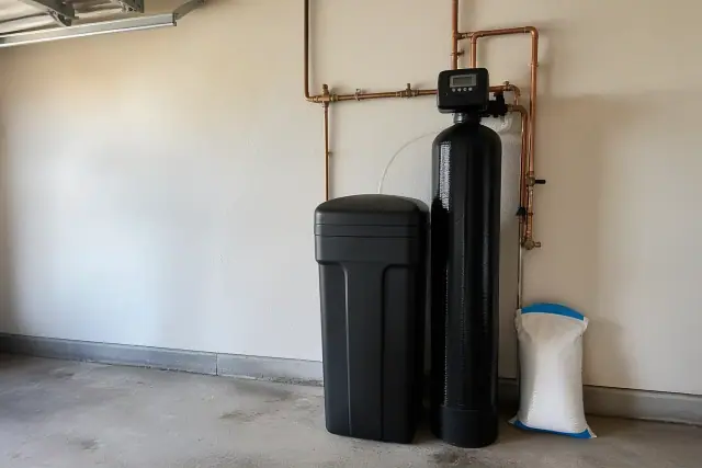Water softener system with copper plumbing installed on a garage wall in Tempe, AZ.