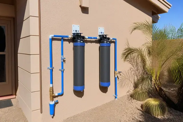 PFAS carbon block filtration system mounted on a stucco wall in a backyard in Tempe, AZ.