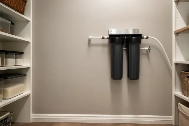 Dual carbon filter housings installed on a residential pantry wall in Tempe, AZ.