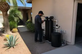 Technician inspecting carbon water filters next to a garage in a xeriscaped Tempe, AZ yard.