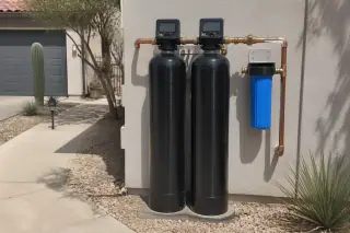 Carbon water filter system with professional pipe connections installed on a garage wall in Tempe, AZ.