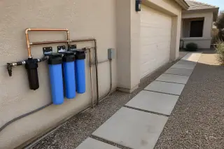 Carbon filter water system with plumbing installed beside a garage in Tempe, AZ.