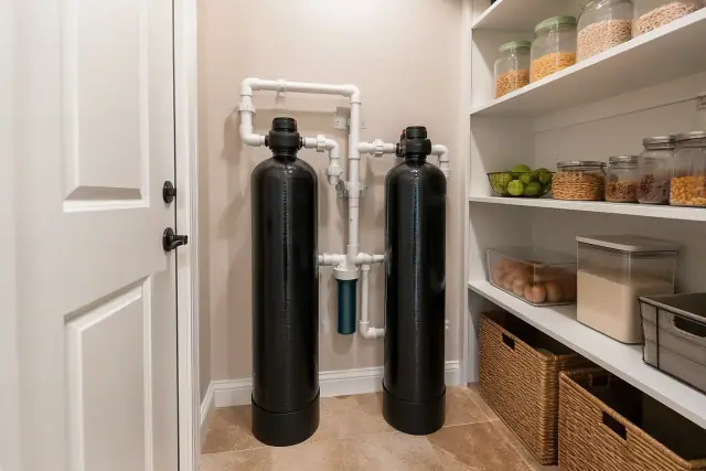Two tall water filtration tanks with clean white plumbing installed in a residential pantry in Gilbert, AZ.