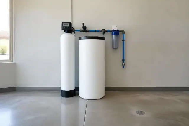 Water softener and carbon filtration system installed in a service room in Mesa, AZ.
