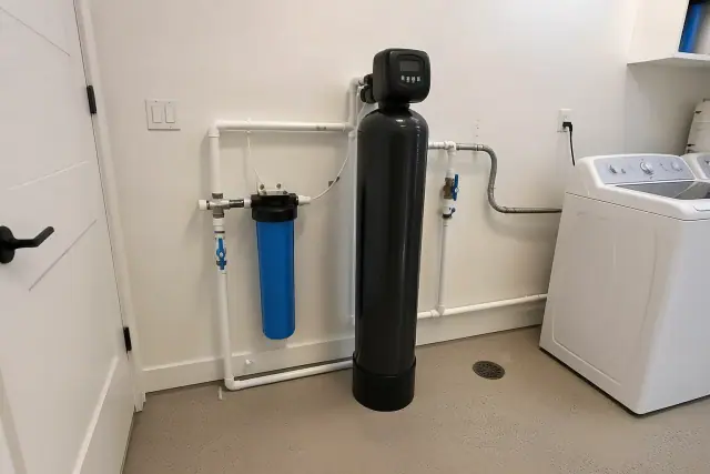 Water filtration system with pipes installed in a Peoria, AZ laundry room.