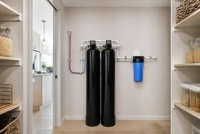 Carbon water filtration system installed in a residential pantry in Tempe, AZ.
