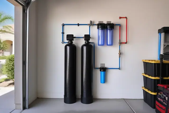 Carbon water filtration system with black tanks and blue filter housings installed on a garage wall in Phoenix, AZ.