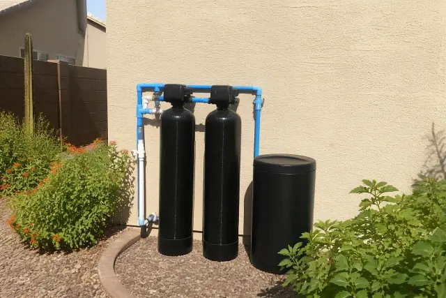 Two carbon water filter tanks with blue and white piping installed on a home exterior wall in Tempe, AZ.