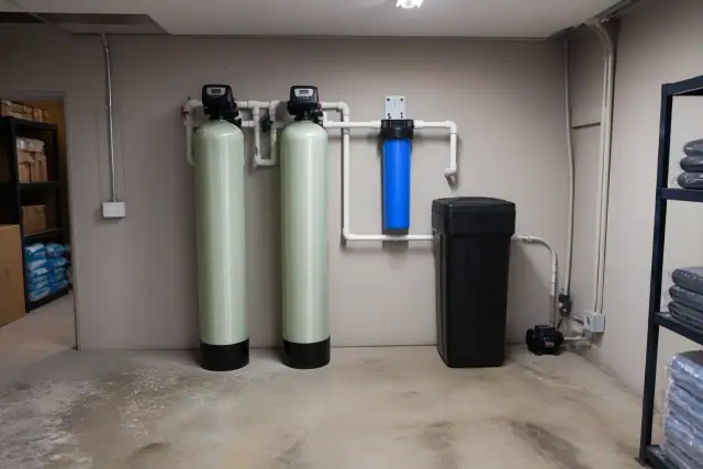 Water softener and carbon filtration system with PVC piping installed in a Scottsdale, AZ utility room.