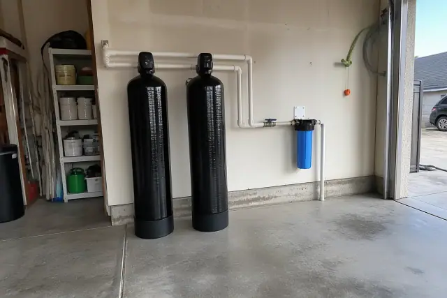 Whole house water filtration system installed in a residential garage in Tempe, AZ.