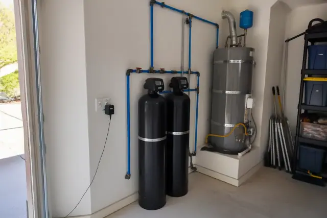 Catalytic carbon water filter system installed next to a water heater in a Tempe, AZ garage.