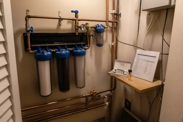 Water filtration system with copper pipes and a test report installed in a utility closet in Tempe, AZ.