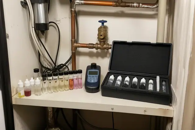 Water quality testing kit and digital meter on a shelf with copper pipes in a Tempe, AZ apartment mechanical closet.