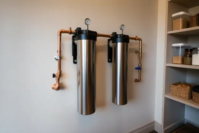Carbon and catalytic water filtration system with copper piping installed in a pantry in Tempe, AZ.