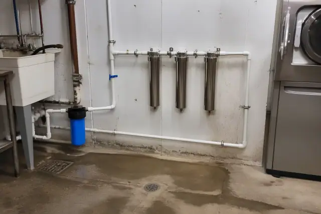 Stainless steel water filter housings and white piping in a utility room in Tempe, AZ.