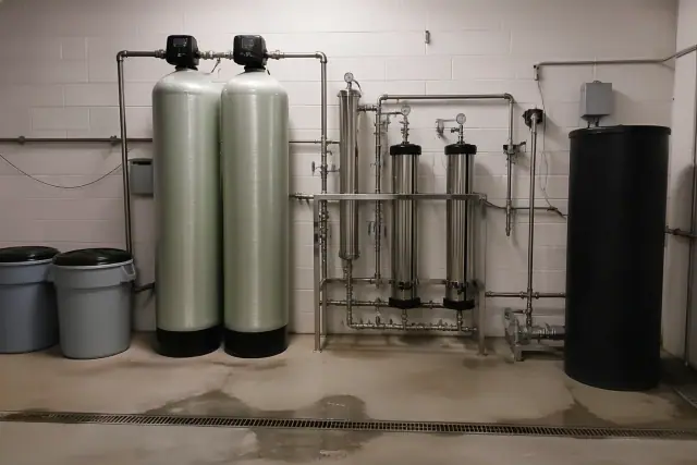 Commercial water filtration system with industrial tanks and pipes in an Avondale, AZ utility room.