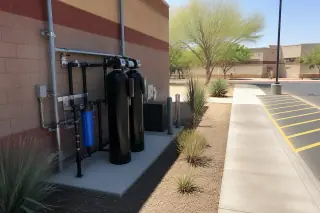 Commercial water filtration equipment and pipes installed outside a retail storefront in Tempe, AZ.
