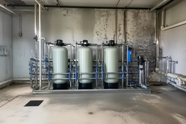 Commercial water filtration system with industrial tanks and stainless steel pipes in a mechanical room in Tempe, AZ.