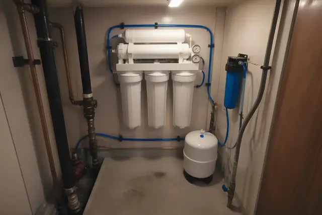 Commercial reverse osmosis filtration system installed in a mechanical closet in Tempe, AZ.