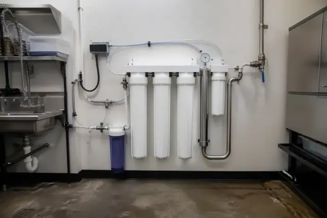 Commercial reverse osmosis water filtration system installed in a restaurant utility room in Tempe, AZ.