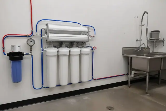 Commercial reverse osmosis water filtration system installed in a restaurant utility room in Tempe, AZ.