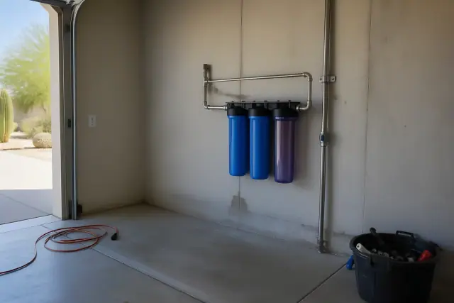 Wall-mounted water filtration system with stainless steel piping installed in a Tempe, AZ garage.