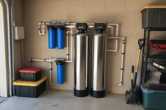 Commercial water filtration system installed on a residential garage wall in Gilbert, AZ.