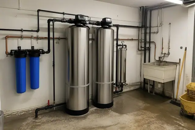 Stainless steel commercial water filtration system installed in a laundry room mechanical space in Glendale, AZ.
