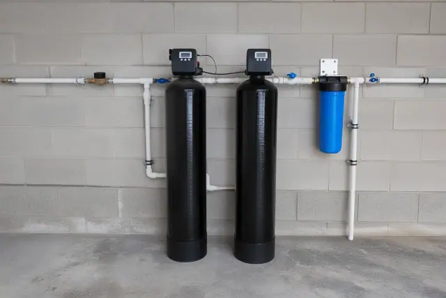 Commercial water filtration system with two tanks and PEX piping installed on a garage wall in Goodyear, AZ.