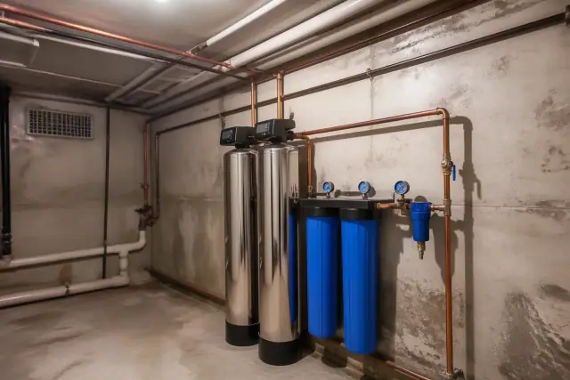 Stainless steel water filtration system with copper piping in a mechanical room in Mesa, AZ.