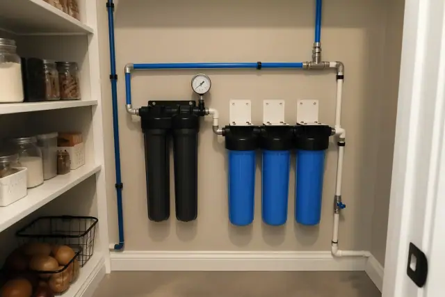 Water filtration system with blue and white piping installed on a residential pantry wall in Peoria, AZ.