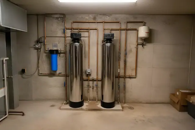 Commercial water filtration system with stainless steel tanks and copper piping in a Chandler, AZ mechanical room.